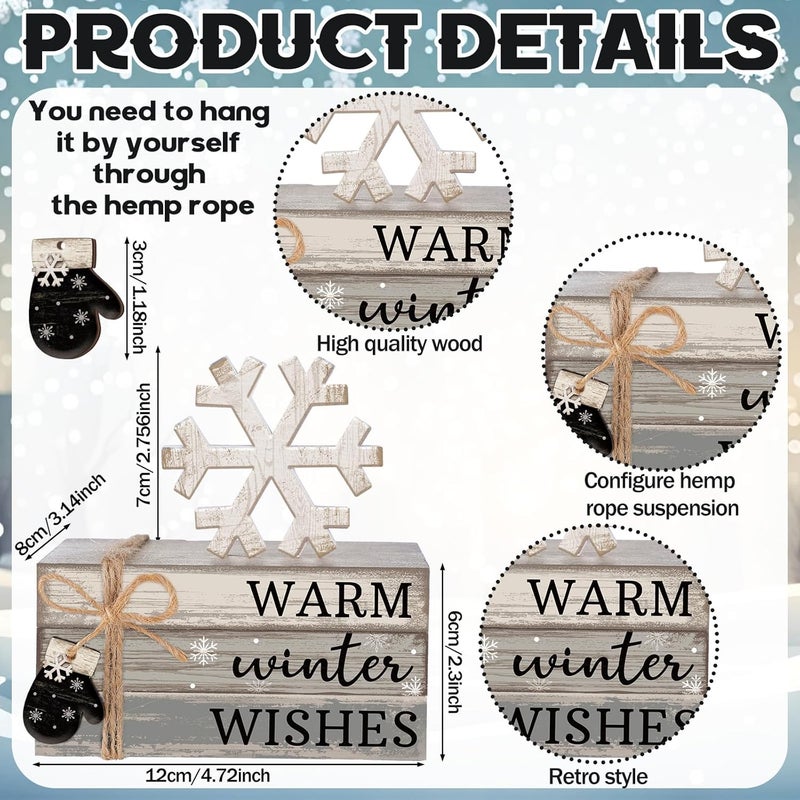 Anglechic 4 Pcs Winter Table Decorations Snowflake Tiered Tray Decor Warm Wishes Centerpiece Decorations Indoor Rustic Wooden Snowflake Block Sign Gift Farmhouse for Home Kitchen Shelf - Image 4